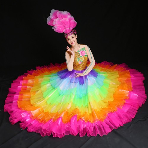 Flamenco dresses for women female ballroom rainbow sequin modern dance opening spanish bull dance long big skirted dresses
